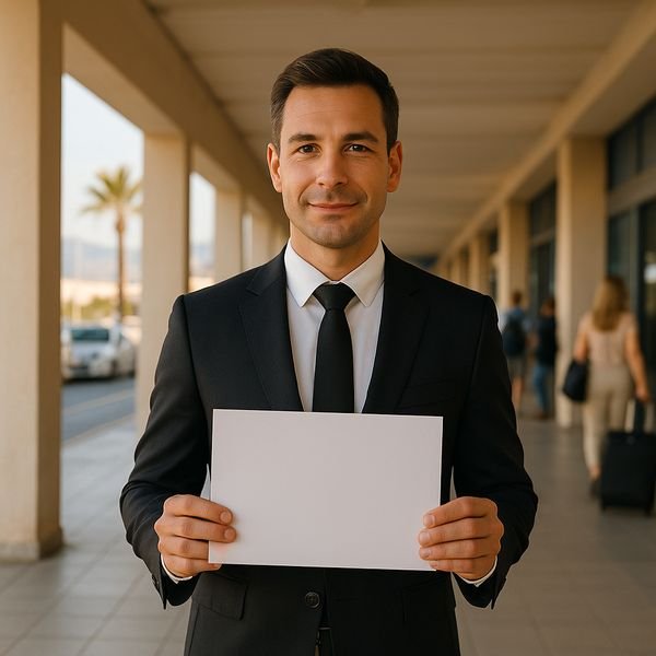 Driver holding name sign at Heraklion Airport arrivals